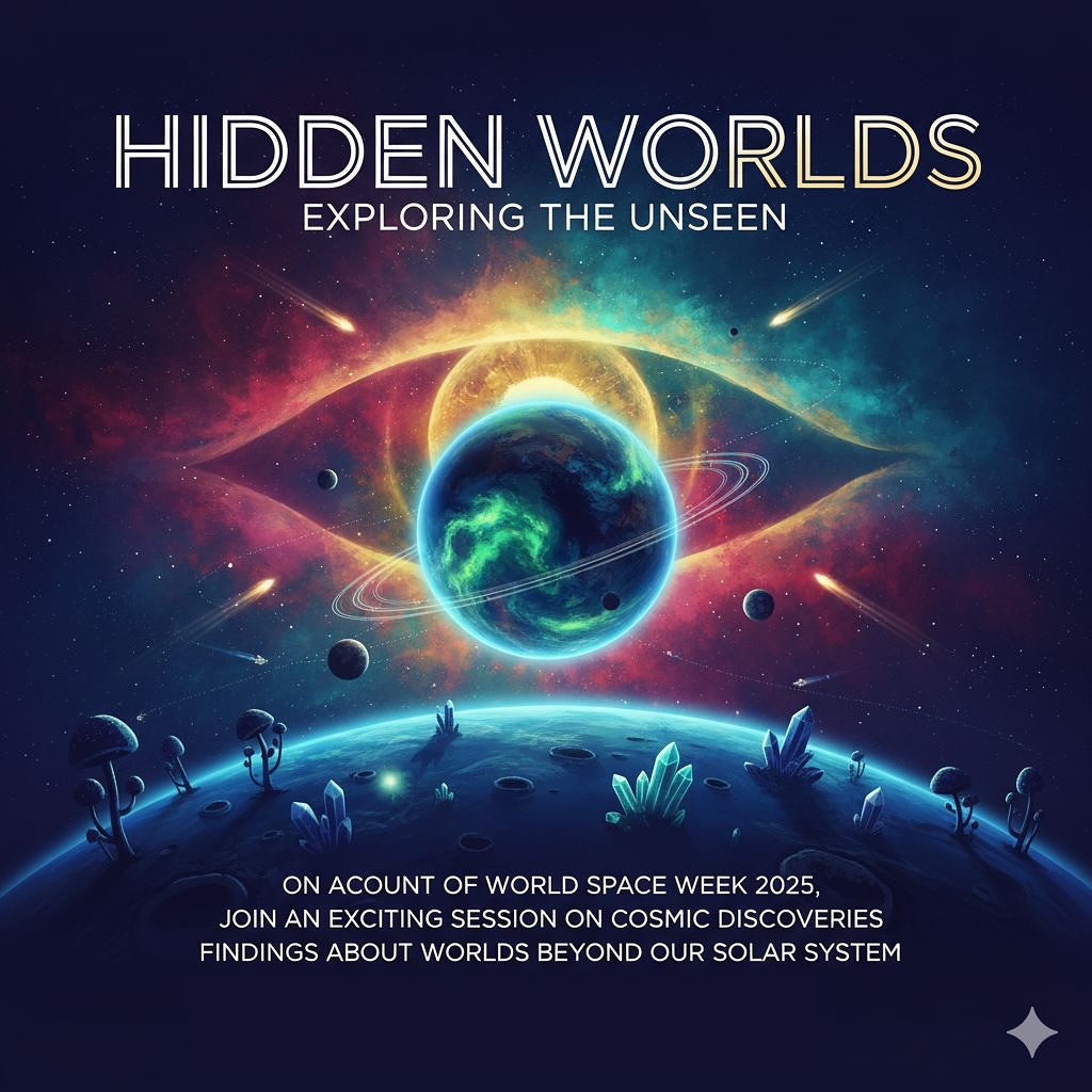 Hidden Worlds: Exploring the Unseen
Step into the realm of the unknown this World Space Week 2025!
Join us for an enlightening session on the fascinating worlds that exist beyond our solar system — the mysterious exoplanets orbiting distant stars.
Register Here: https://luma.com/a2mxn9l3
Discover how astronomers use cutting-edge technology and precision observation techniques to reveal these hidden realms and explore what they tell us about planet formation, atmospheric science, and the search for life beyond Earth. 🌍✨
📅 Sunday, 12 October
🕖 7:15 – 8:15 AM
🎯 Open for all space enthusiasts, students, and researchers!
#WorldSpaceWeek2025 #HiddenWorlds #Exoplanets #SpaceExploration #Astronomy #Astrophysics #BeyondTheSolarSystem #SpaceEducation #STEM #spacescience