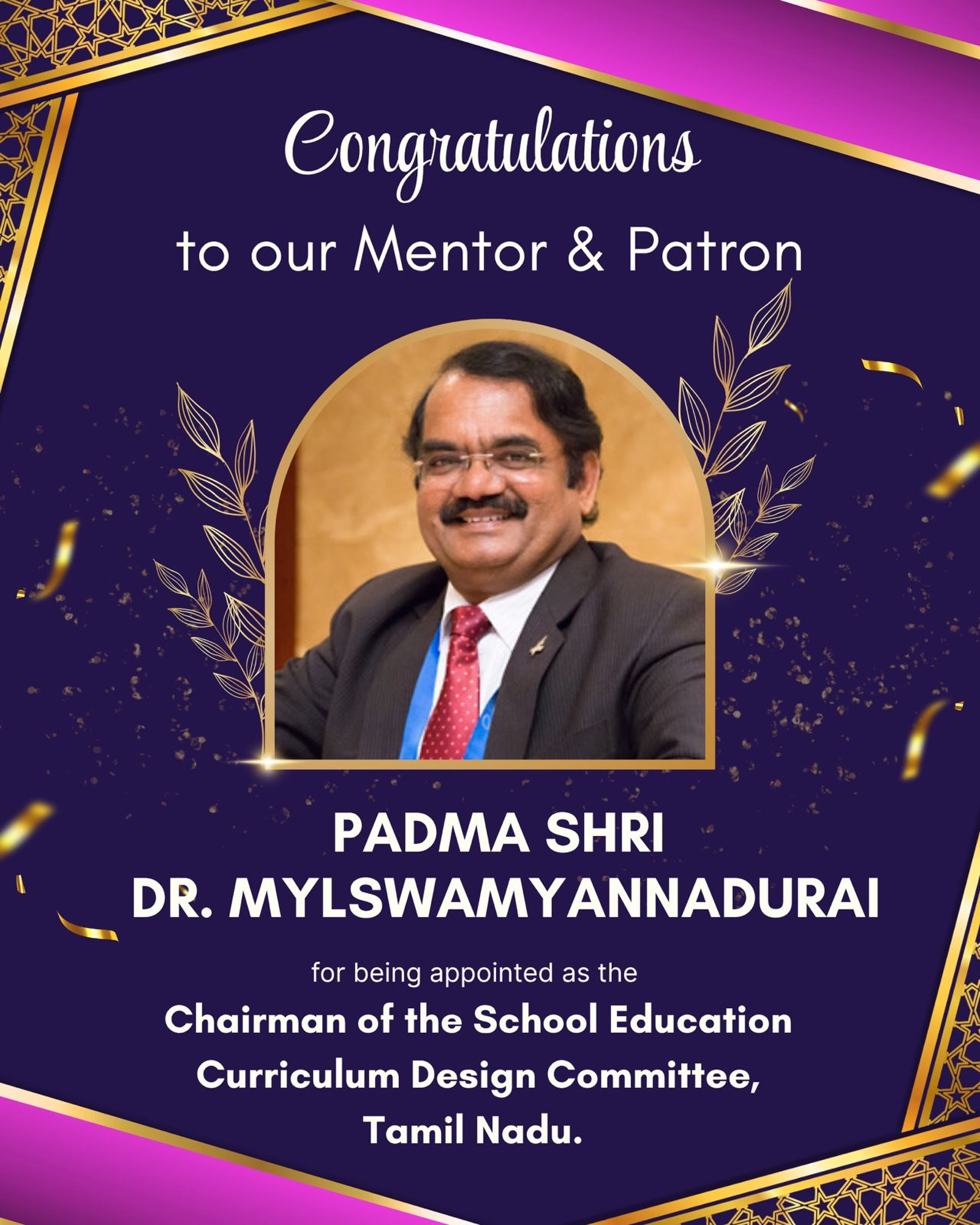 🎉 A Proud Moment for Edutech4Space! 🚀

We are delighted to share that our esteemed mentor and patron, Padma Shri Dr. Mylswamy Annadurai, has been appointed as the Chairman of the School Education Curriculum Design Committee, Tamil Nadu.

This prestigious appointment is a testament to his exceptional contributions to science, education, and nation-building. His visionary leadership and unwavering commitment to inspiring young minds continue to shape the future of education.

On behalf of the entire Edutech4Space family, we extend our heartfelt congratulations and best wishes to Dr. Annadurai on this well-deserved honor. We are privileged to have his guidance and mentorship as we continue our mission of nurturing the next generation of innovators and space explorers.

Congratulations, Sir, on this remarkable achievement! 🌟

#Congratulations #PadmaShri #DrMylswamyAnnadurai #Education #Leadership STEMEducation SpaceEducation Edutech4Space FutureReady InspiringGenerations